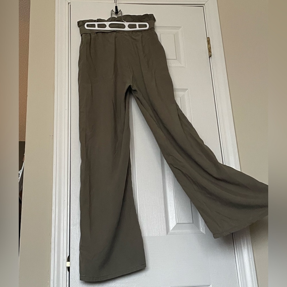 Thread & Supply Olive High-Waist Pull On Paper-bag Elastic Waist  Wide Leg Pants